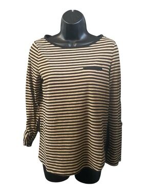 Jones New York Signature Petite Tan Black Striped Top Faux Pocket Women's PP